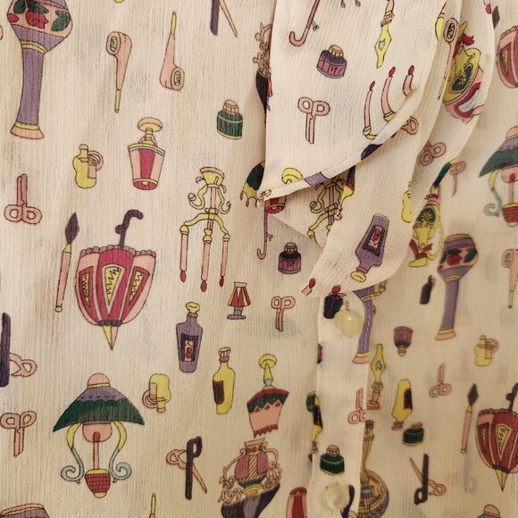 Subi Sheer Cream Printed Blouse Bow Feminine Coquette Pretty Romantic Girly Cute - Picture 5 of 11